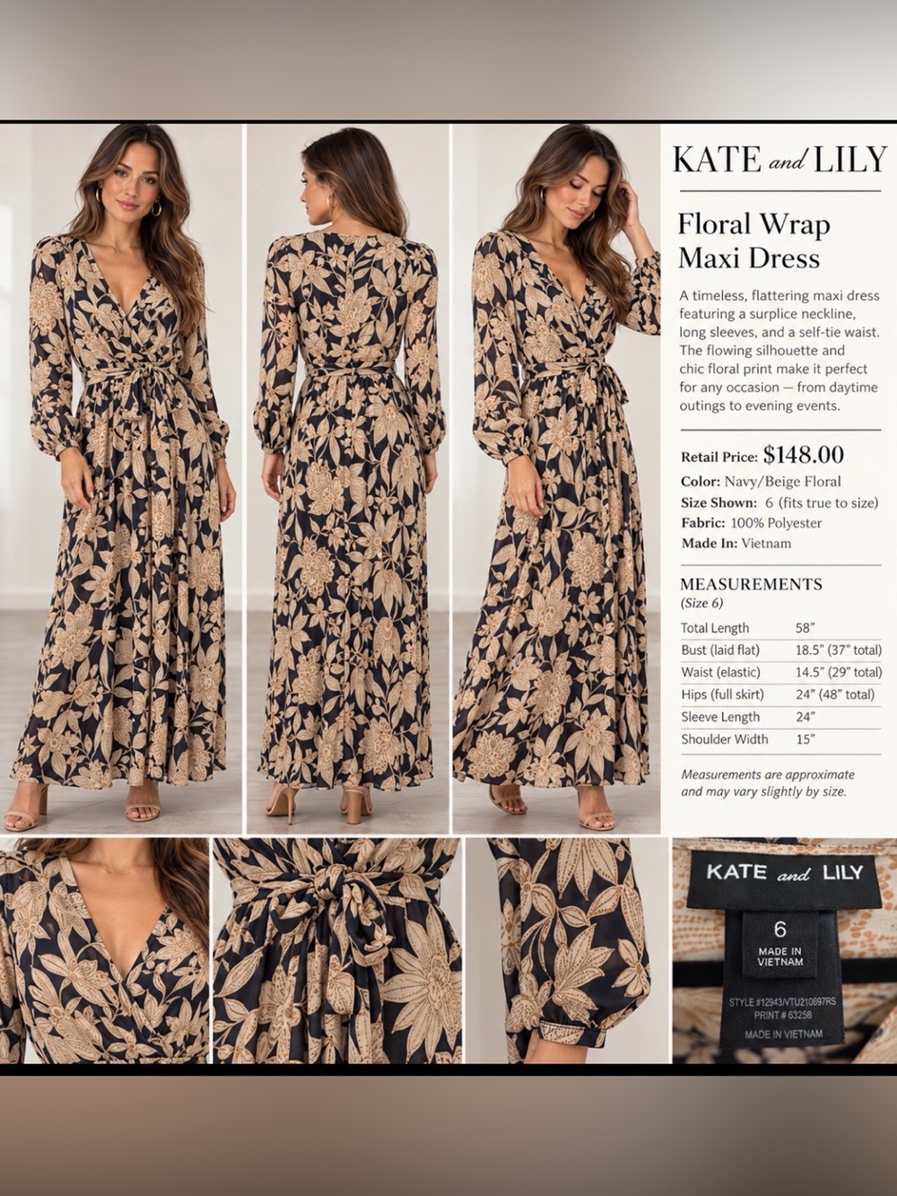 Kate and Lily Navy and Beige Floral Wrap Maxi Dress, Size 6